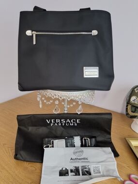 New Versace Parfums Black Nylon Handbag Tote with Zip Closure Detachable Strap